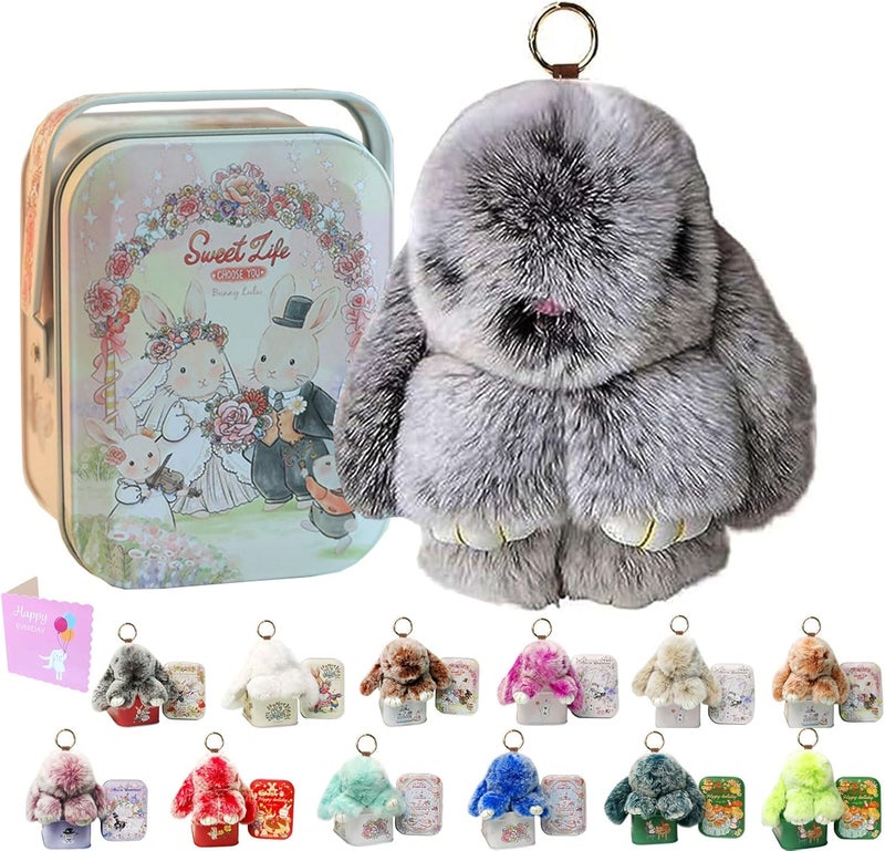 MINGRI Soft Bunny Keychain with Tin,Cute Valentines Gift Plush Keychain for Backpack,Bag Charm Gift Key Chain - Image 1